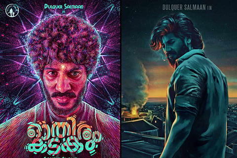Posters from Dulquer's upcoming movies Othiram Kadakam on the left and King of Kotha on the right