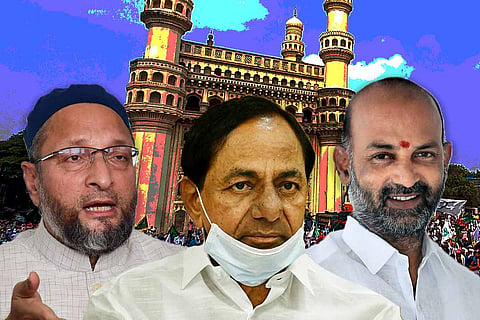 AIMIM chief Owaisi, TRS chief KCR and Telangana BJP Chief Bandi Sanjay 