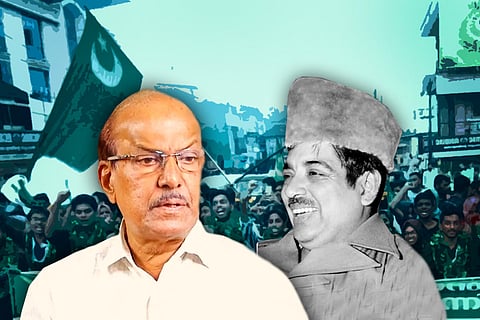 A stylised image of IUML leaders PK Kunhalikutty and the late CH Muhammed Koya against the backdrop of an IUML rally
