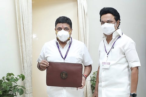 TN Finance Minister PTR with Budget document posing with TN CM Stalin