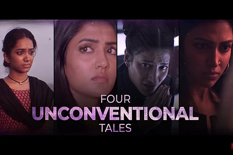 A shot from Pitta Kathalu trailer featuring Saanve Megghana, Eesha Rebba, Shruti Haasan and Amala Paul
