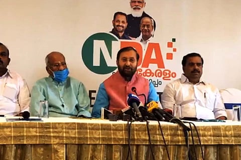 Union Minister Prakash Javadekar announcing the BJP manifesto