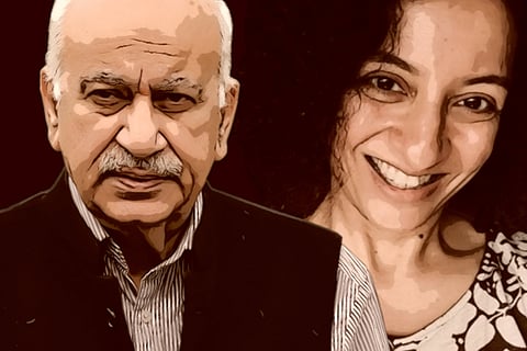A collage of MJ Akbar and journalist Priya Ramani 