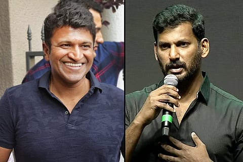 Late actor Puneeth Rajkumar on the left and actor Vishal on the right. 