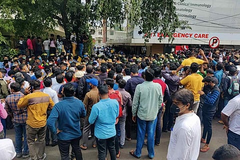 The crowd outside Vikram hospital in Bengaluru where Puneeth Rajkumar was admitted
