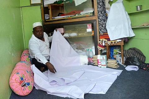Rafeeq at his kafan shop in Hyderabad's Old City