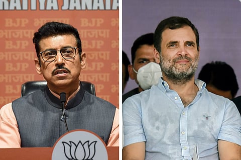 A collage of Rajyavardhan Rathore on the left and Rahul Gandhi on the right