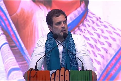 Rahul Gandhi addressing a farmers rally in Warangal