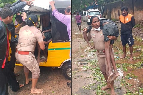 Chennai's Inspector Rajeswari carrying an unconscious man on her shoulders to an auto to get him to a hospital