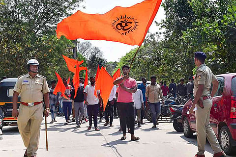 Members of right wing group Bajrang Dal holding a rally.