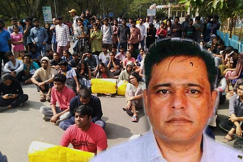 A collage of the University of Hyderabad professor and protesting students