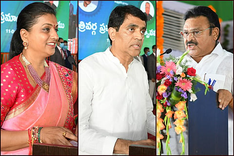 RK Roja, Buggana Rajendranath and Ambati Rambabu taking oath as ministers