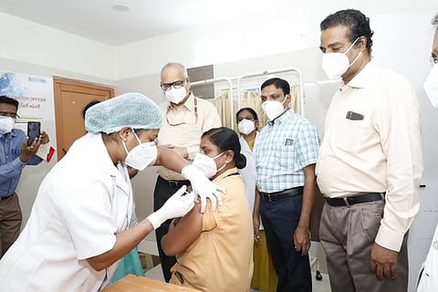 A South Central Railway worker receiving the COVID-19 vaccine