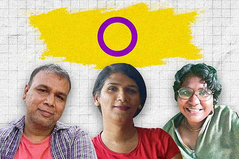 Chakravarthy, Maya and Vinodhan against the backdrop of intersex flag