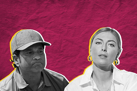 A picture of cricketer Sachin Tendulkar and tennis star Maria Sharapova, Sachin is wearing a cap and scrunching his lips