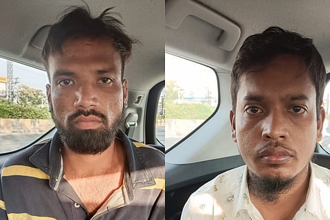 Accused Syed Mobin Ahmed (L) and Mohammed Masood Ahmed (R) being photographed inside the police vehicle