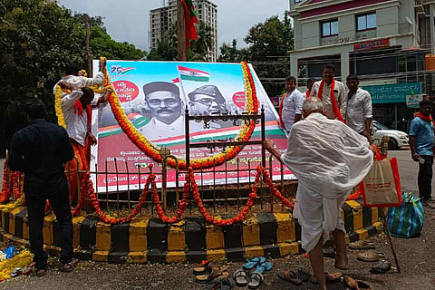 Banner displaying image of Hindu nationalist Vinayak Damodar Savarkar