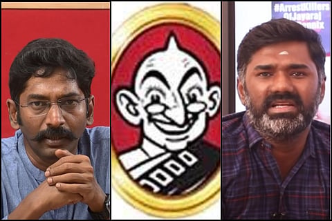 Collage of Savukku, Maridhas and the Junior Vikatan logo