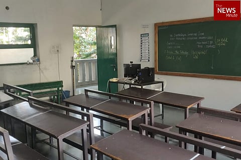 A classroom with empty benches