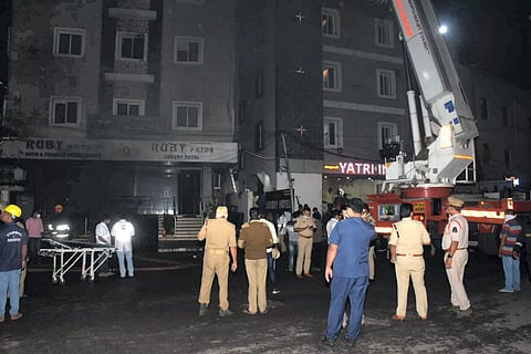 Fire safety officials at Ruby Lodge, Secunderabad