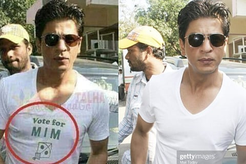 Fake image of Shah Rukh Khan wearing a T-shirt saying Vote for MIM