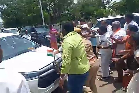 A pink coloured slipper thrown at Minister PTR's car in Madurai