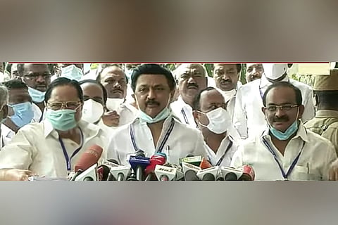 DMK leaders Stalin and Duraimurugan addressing reporters after staging a walkout from Assembly in Chennai