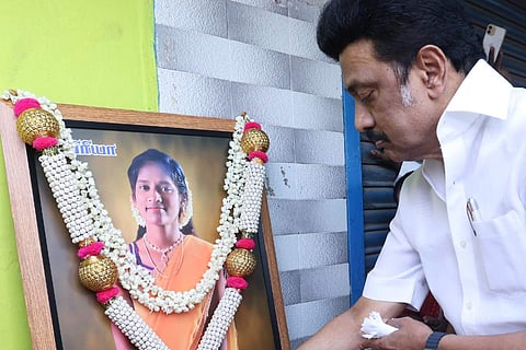 MK Stalin paid floral tributes to Priya's portrait 