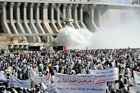 The opening of a hydro-electric dam on the Nile River at Merowe, north of Khartoum, in 2009.