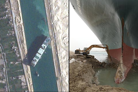 A collage of satellite image of the ship stuck in Suez Canal and the attempts to move the ship