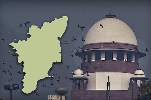  A stylised image of the Supreme Court next to a map of Tamil Nadu