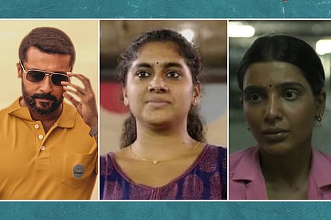 Actor Suriya on the left, actor Nimisha Sajayan in the middle and actor Samantha on the right.