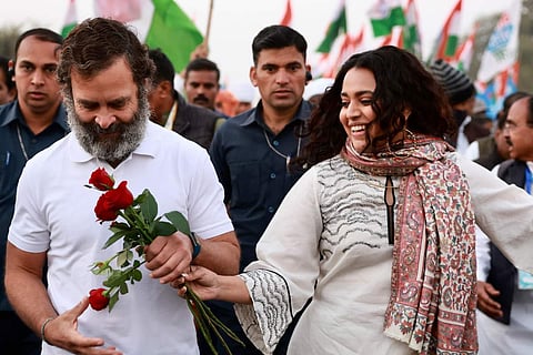Image of actor Swara Bhasker and Congress leader Rahul Gandhi at the Bharat Jodo Yatra