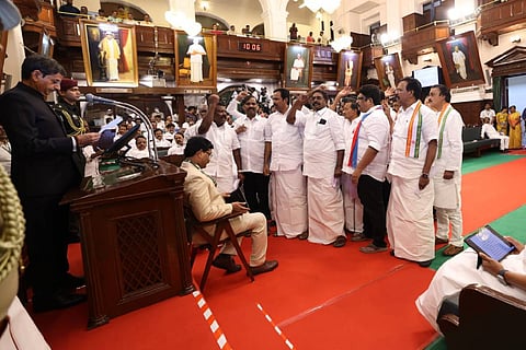 Legislators raising slogans against TN Governor RN Ravi inside the Assembly