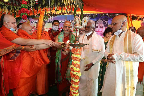 Lamp lighting at TTD's Hanuman temple bhoomi puja at Anjanadri which was held despite opposition