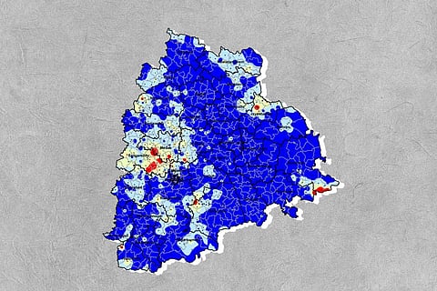A map of Telangana and areas which witnessed rains