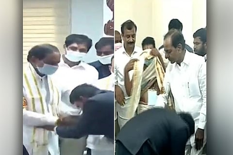 Collage of  the two IAS officers touching Telangana CM KCR's feet