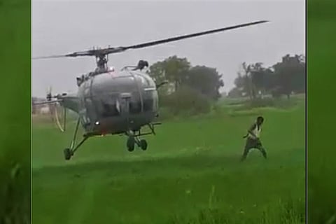 Farmers being rescued in a helicopter in Telangana