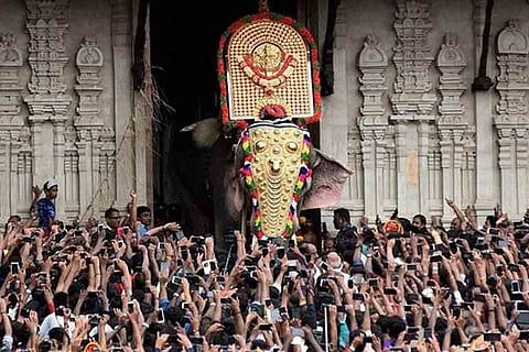 Thousands of people crowd around a caparisoned elephant exiting a temple