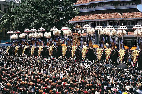 Thousands of people seeing elephants paraded with umbrellas and decoration