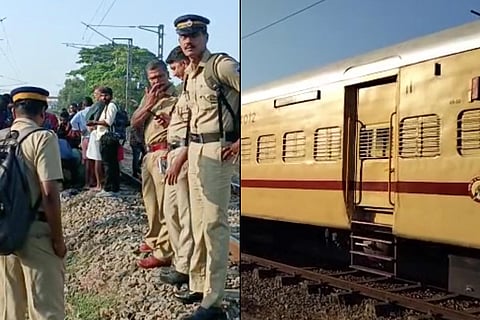 Police officers and the train where a passenger set another person on fire
