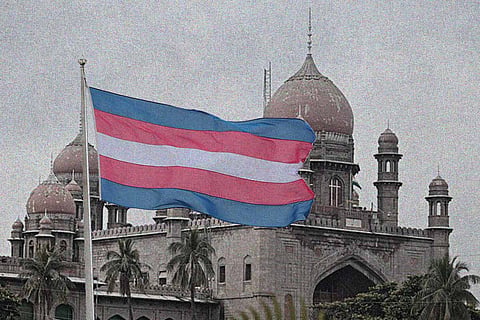 Transgender flag against the backdrop of Telangana High Court