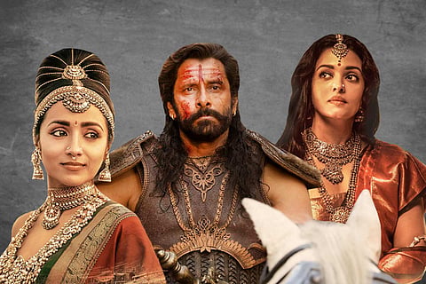 Trisha as Kundavai (L), Vikram as Aditha Karikalan, and Aishwarya Rai as Nandini (R)
