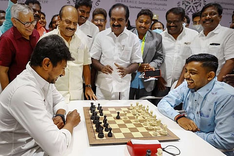 DMK leader Udhayanidhi Stalin in a test competition ahead of the 44th Chess Olympiad 