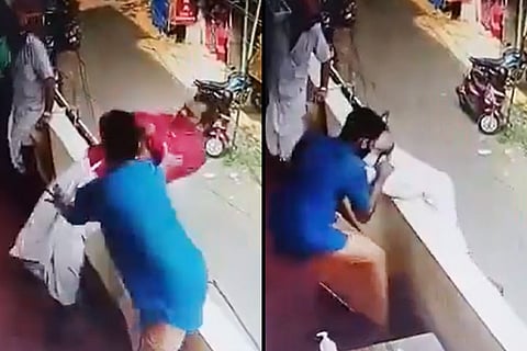 Collage of man fainting and falling and man in green shirt catching him 