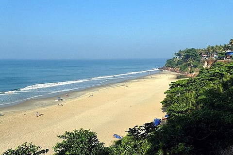 The Varkala beach in Kerala on a sunny day