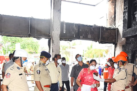 Andhra Pradesh Home Minister Mekathoti Sucharita visiting the Covid Care Centre where the fire accident happened on Sunday 