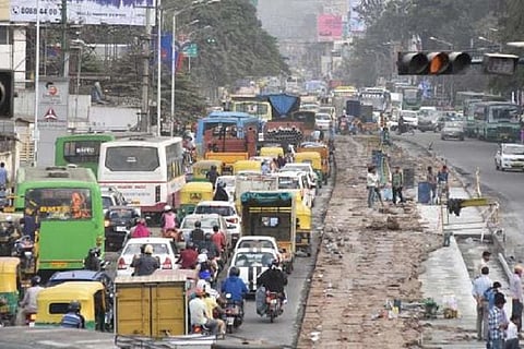 A busy road in Bengaluru piled with traffic