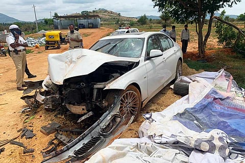 The front of Yathiraj's car was damaged due to the collision 