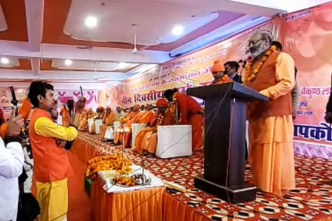 Yati Narsinghanand speaking at the Dharm Sanasad in Haridwar, referred to as the 'Haridwar Hate Assembly'